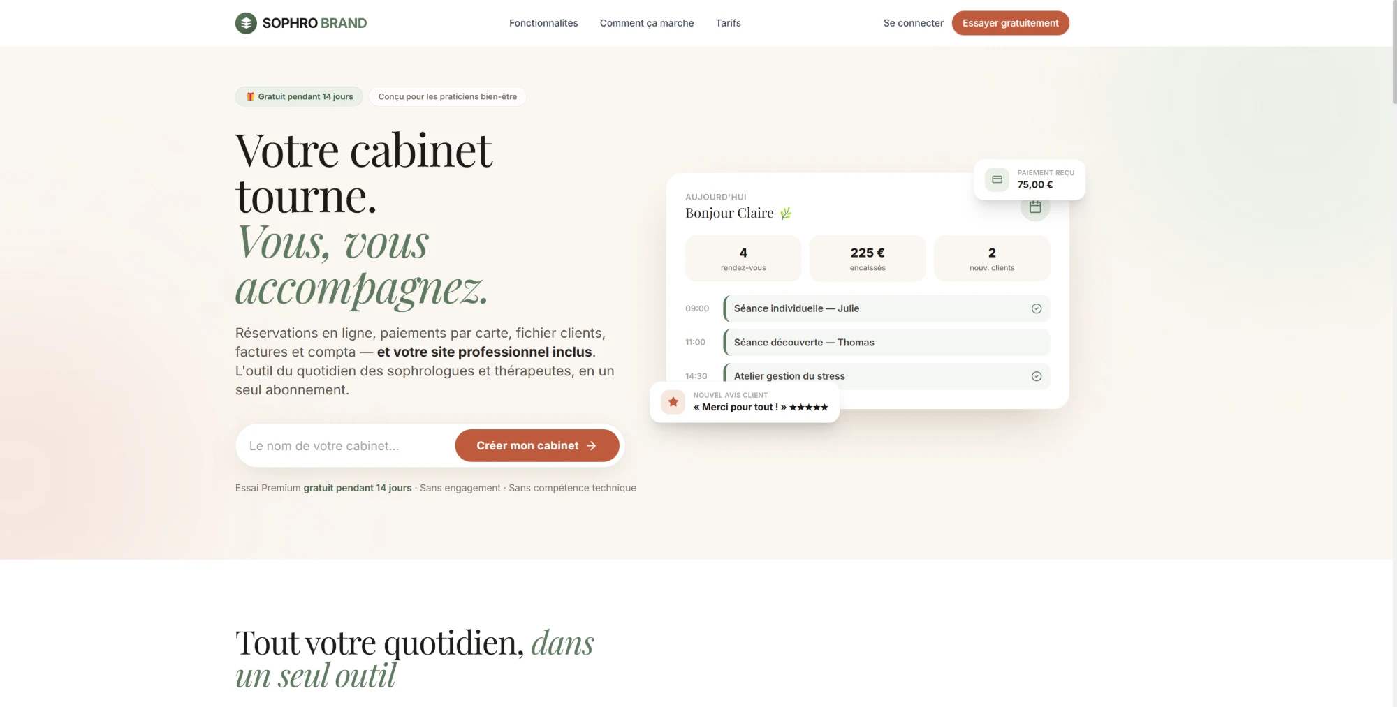 La plateforme Sophro Brand : tableau de bord du cabinet, rendez-vous et encaissements